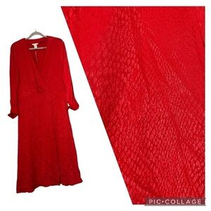 H&M Dress Red Satin Sheen Animal Print Long Sleeve FrenchCuff Faux Wrap Size 10